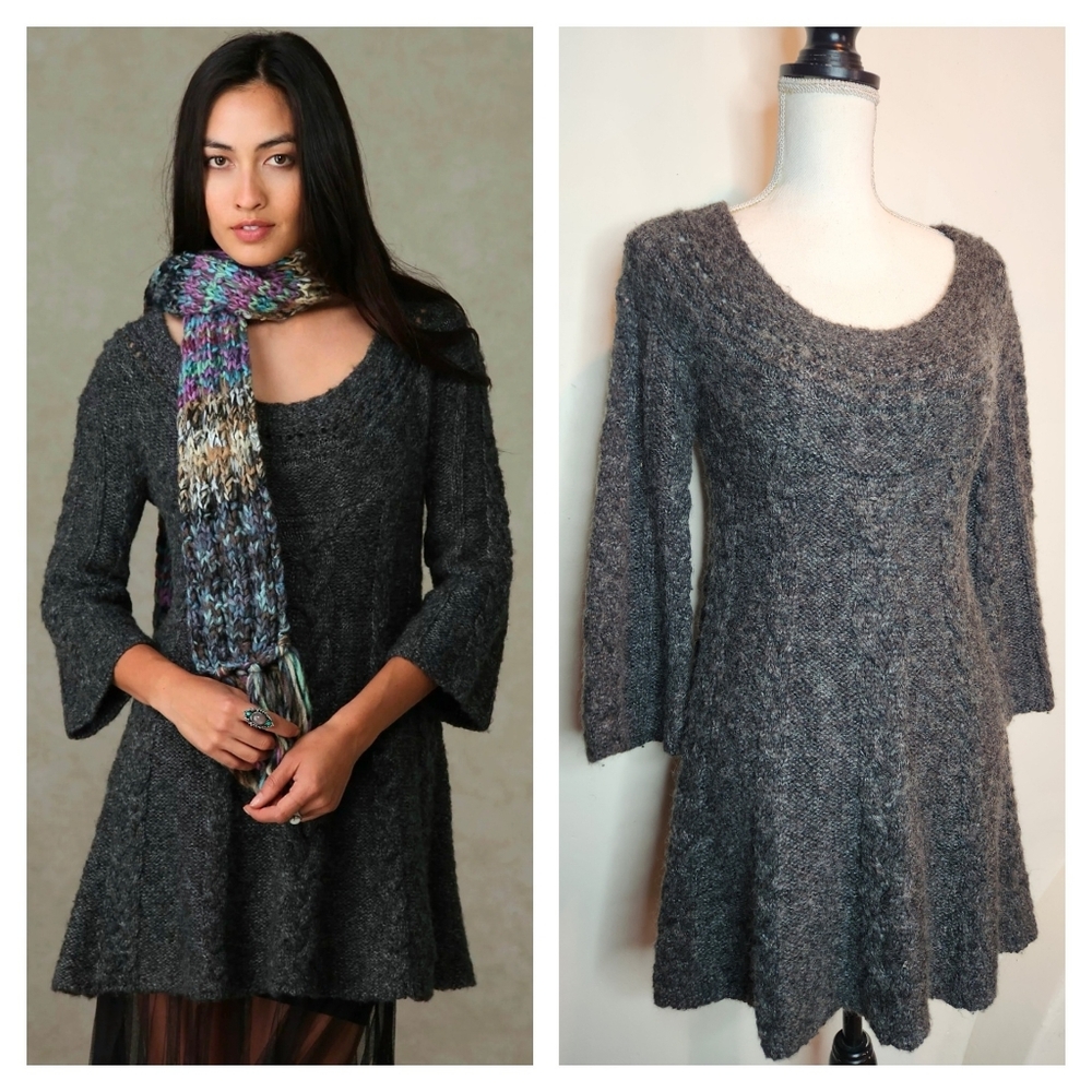 Free People Wool Chunky Cable Knit Gray Bell Sleeve Winter Mini Dress | Small